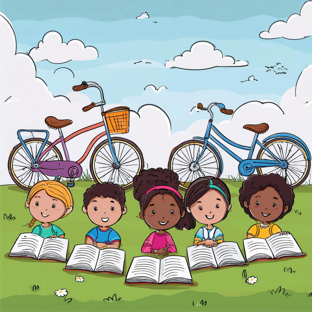 Kids reading with bikes